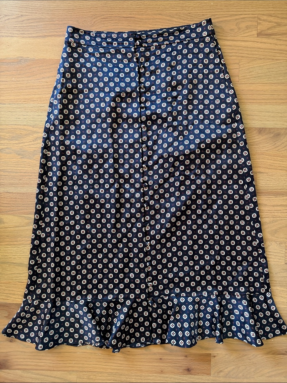 Frame Silk Navy Button down Cream Printed Midi Skirt SM